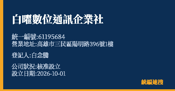 白曜數位通訊企業社的照片-統編 61195684(高雄市) 公司登記資料與營業項目詳細圖表
