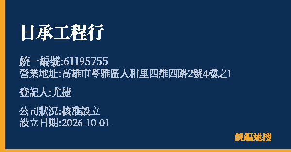 日承工程行的照片-統編 61195755(高雄市) 公司登記資料與營業項目詳細圖表