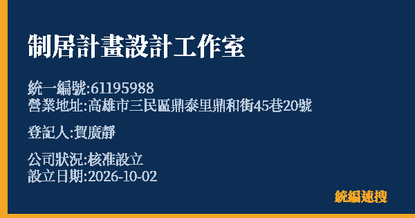 制居計畫設計工作室的照片-統編 61195988(高雄市) 公司登記資料與營業項目詳細圖表