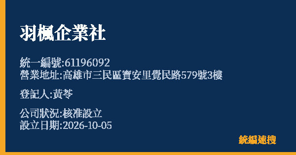羽楓企業社的照片-統編 61196092(高雄市) 公司登記資料與營業項目詳細圖表