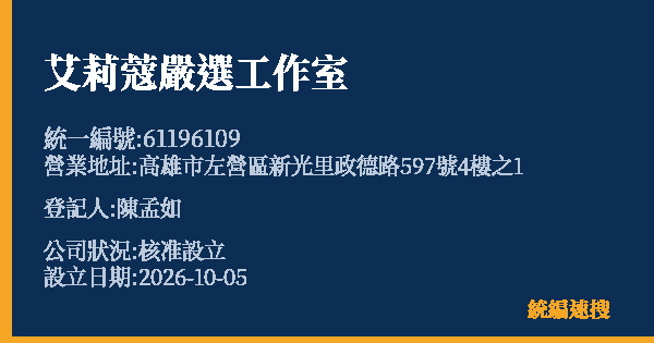 艾莉蔻嚴選工作室的照片-統編 61196109(高雄市) 公司登記資料與營業項目詳細圖表