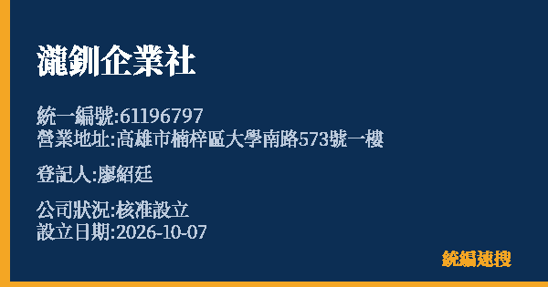 瀧釧企業社的照片-統編 61196797(高雄市) 公司登記資料與營業項目詳細圖表