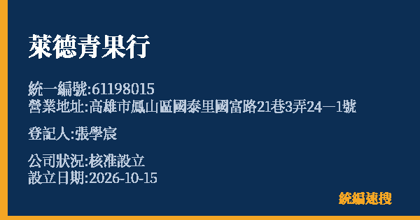 萊德青果行的照片-統編 61198015(高雄市) 公司登記資料與營業項目詳細圖表
