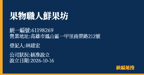 果物職人鮮果坊的照片-統編 61198269(高雄市) 公司登記資料與營業項目詳細圖表