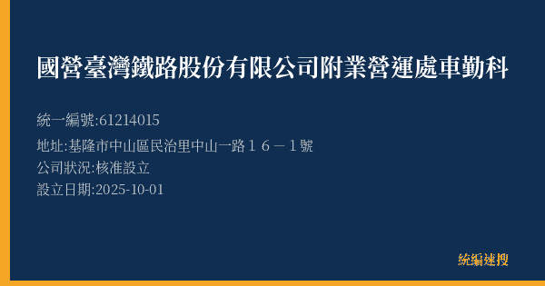 國營臺灣鐵路股份有限公司附業營運處車勤科的照片-統編 61214015(基隆市) 公司登記資料與營業項目詳細圖表