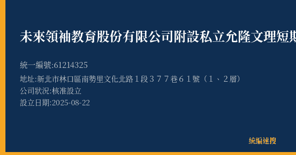 未來領袖教育股份有限公司附設私立允隆文理短期補習班的照片-統編 61214325(新北市) 公司登記資料與營業項目詳細圖表