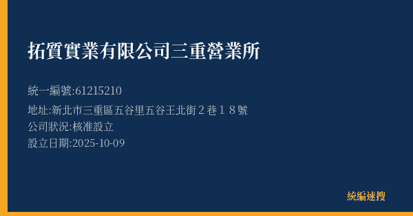 拓質實業有限公司三重營業所的照片-統編 61215210(新北市) 公司登記資料與營業項目詳細圖表