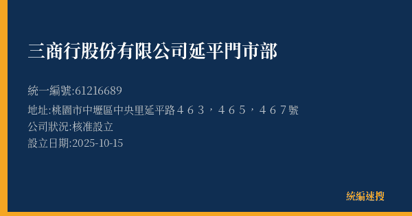 三商行股份有限公司延平門市部的照片-統編 61216689(桃園市) 公司登記資料與營業項目詳細圖表