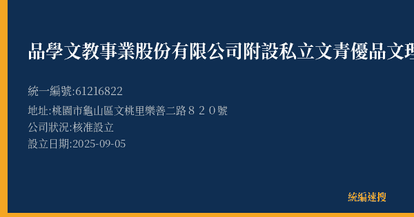 品學文教事業股份有限公司附設私立文青優品文理短期補習班的照片-統編 61216822(桃園市) 公司登記資料與營業項目詳細圖表