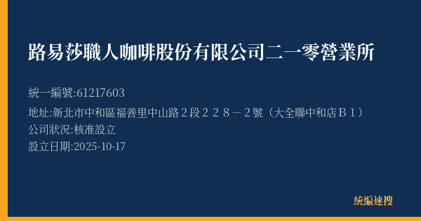 路易莎職人咖啡股份有限公司二一零營業所的照片-統編 61217603(新北市) 公司登記資料與營業項目詳細圖表