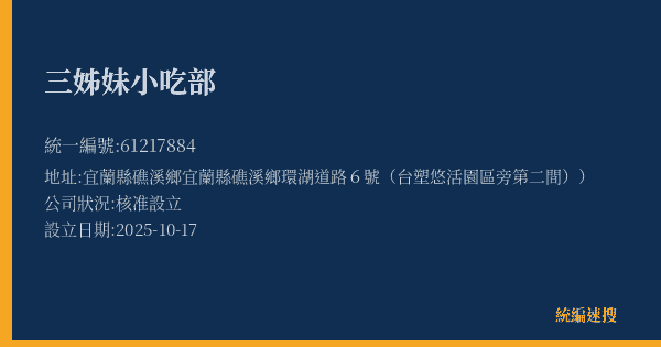 三姊妹小吃部的照片-統編 61217884(宜蘭縣) 公司登記資料與營業項目詳細圖表