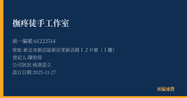 撫疼徒手工作室的照片-統編 61222514(新北市) 公司登記資料與營業項目詳細圖表