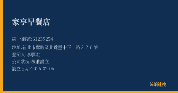 家亨早餐店的照片-統編 61239254(新北市) 公司登記資料與營業項目詳細圖表