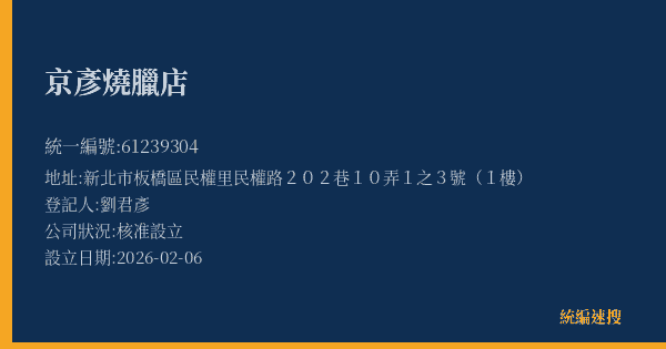 京彥燒臘店的照片-統編 61239304(新北市) 公司登記資料與營業項目詳細圖表