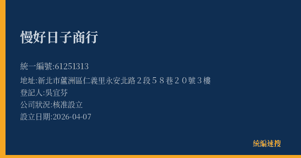 慢好日子商行的照片-統編 61251313(新北市) 公司登記資料與營業項目詳細圖表