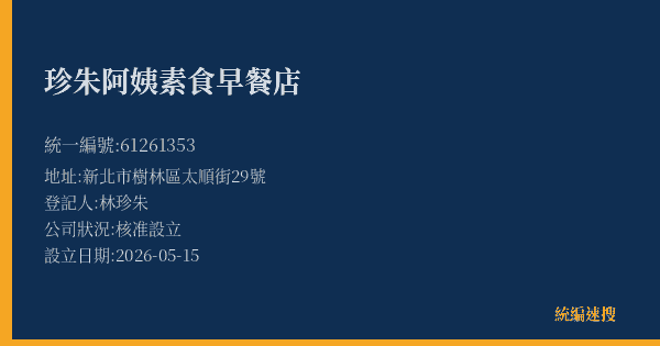 珍朱阿姨素食早餐店的照片-統編 61261353(新北市) 公司登記資料與營業項目詳細圖表