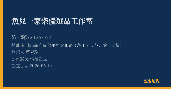 魚兒一家樂優選品工作室的照片-統編 61267552(新北市) 公司登記資料與營業項目詳細圖表