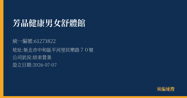 芳晶健康男女舒體館的照片-統編 61273822 公司登記資料與營業項目詳細圖表
