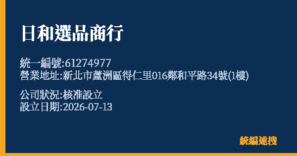 日和選品商行的照片-統編 61274977 公司登記資料與營業項目詳細圖表