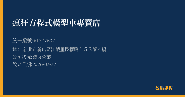 瘋狂方程式模型車專賣店的照片-統編 61277637(新北市) 公司登記資料與營業項目詳細圖表