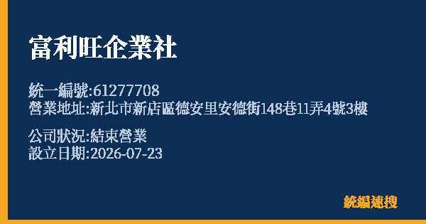 富利旺企業社的照片-統編 61277708 公司登記資料與營業項目詳細圖表