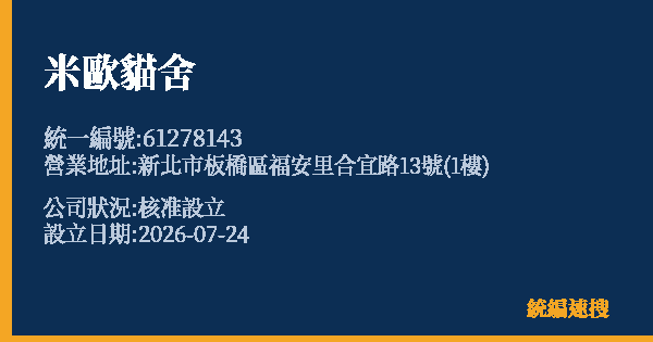 米歐貓舍的照片-統編 61278143 公司登記資料與營業項目詳細圖表