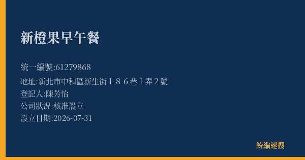 新橙果早午餐的照片-統編 61279868(新北市) 公司登記資料與營業項目詳細圖表
