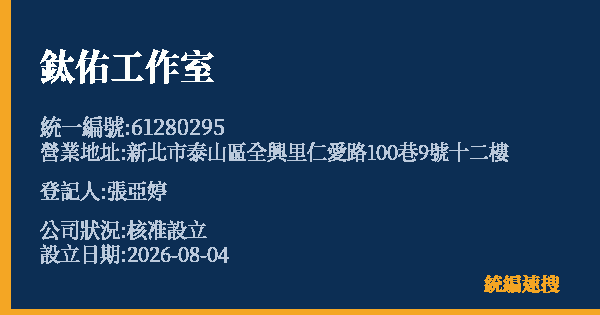 鈦佑工作室的照片-統編 61280295(新北市) 公司登記資料與營業項目詳細圖表