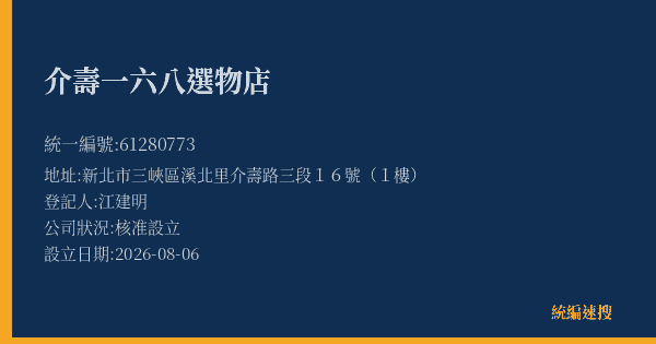 介壽一六八選物店的照片-統編 61280773(新北市) 公司登記資料與營業項目詳細圖表