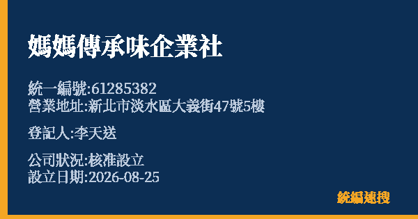 媽媽傳承味企業社的照片-統編 61285382(新北市) 公司登記資料與營業項目詳細圖表
