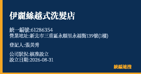 伊麗絲越式洗髮店的照片-統編 61286354(新北市) 公司登記資料與營業項目詳細圖表
