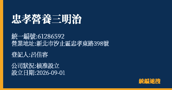 忠孝營養三明治的照片-統編 61286592(新北市) 公司登記資料與營業項目詳細圖表