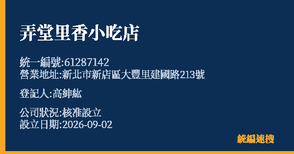 弄堂里香小吃店的照片-統編 61287142(新北市) 公司登記資料與營業項目詳細圖表