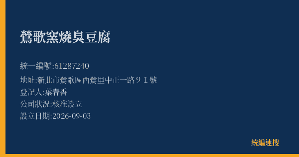 鶯歌窯燒臭豆腐的照片-統編 61287240(新北市) 公司登記資料與營業項目詳細圖表