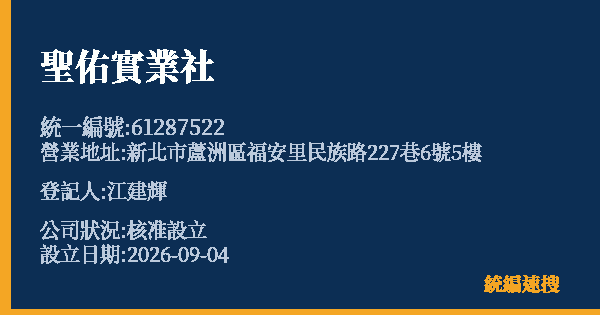 聖佑實業社的照片-統編 61287522(新北市) 公司登記資料與營業項目詳細圖表