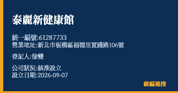 泰麗新健康館的照片-統編 61287733(新北市) 公司登記資料與營業項目詳細圖表