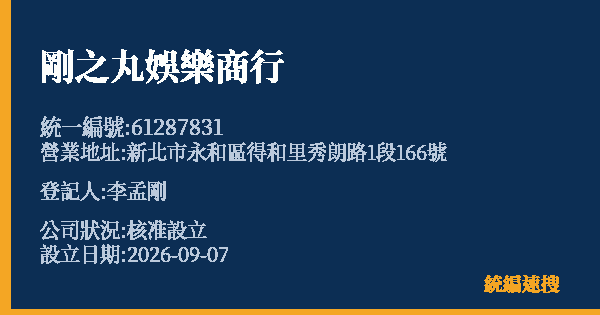 剛之丸娛樂商行的照片-統編 61287831(新北市) 公司登記資料與營業項目詳細圖表