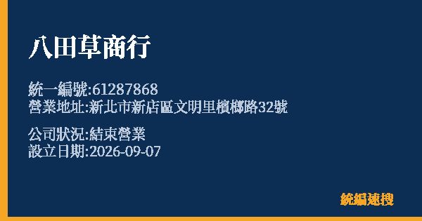 八田草商行的照片-統編 61287868(新北市) 公司登記資料與營業項目詳細圖表