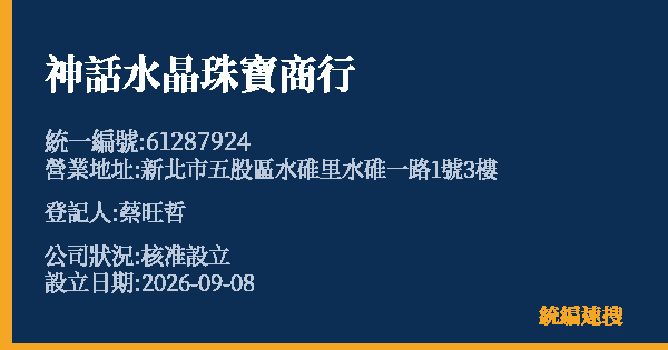 神話水晶珠寶商行的照片-統編 61287924(新北市) 公司登記資料與營業項目詳細圖表