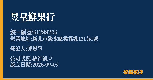昱呈鮮果行的照片-統編 61288206(新北市) 公司登記資料與營業項目詳細圖表