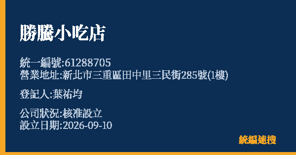 勝騰小吃店的照片-統編 61288705(新北市) 公司登記資料與營業項目詳細圖表