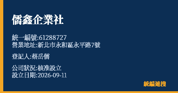 儒鑫企業社的照片-統編 61288727(新北市) 公司登記資料與營業項目詳細圖表