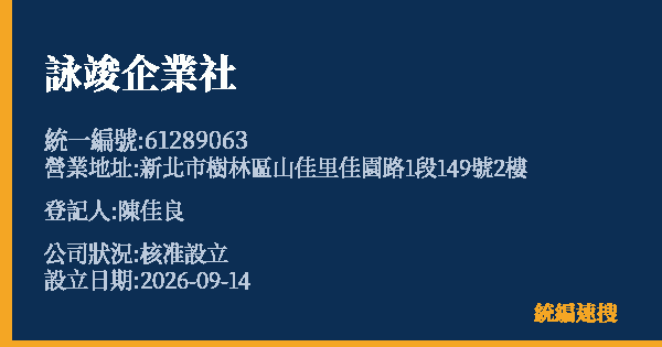 詠竣企業社的照片-統編 61289063(新北市) 公司登記資料與營業項目詳細圖表