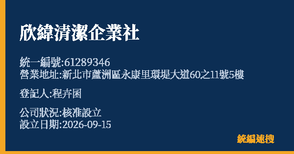 欣緯清潔企業社的照片-統編 61289346(新北市) 公司登記資料與營業項目詳細圖表