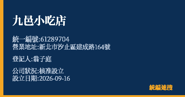 九邑小吃店的照片-統編 61289704(新北市) 公司登記資料與營業項目詳細圖表