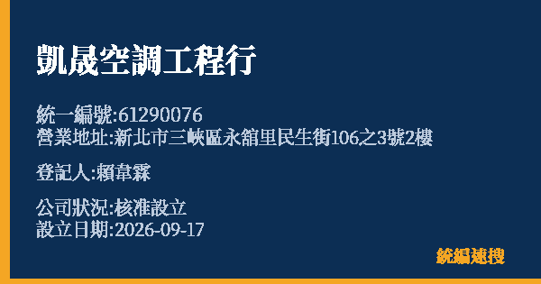 凱晟空調工程行的照片-統編 61290076(新北市) 公司登記資料與營業項目詳細圖表