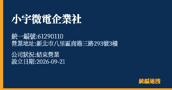 小宇微電企業社的照片-統編 61290110(新北市) 公司登記資料與營業項目詳細圖表