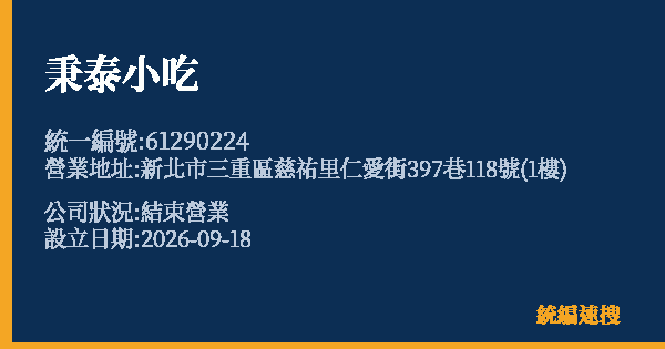 秉泰小吃的照片-統編 61290224(新北市) 公司登記資料與營業項目詳細圖表