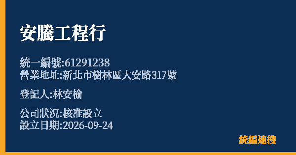 安騰工程行的照片-統編 61291238(新北市) 公司登記資料與營業項目詳細圖表