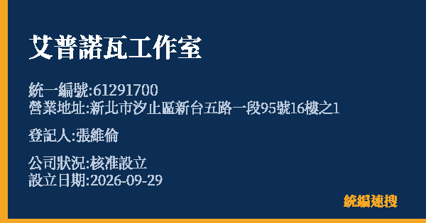 艾普諾瓦工作室的照片-統編 61291700(新北市) 公司登記資料與營業項目詳細圖表